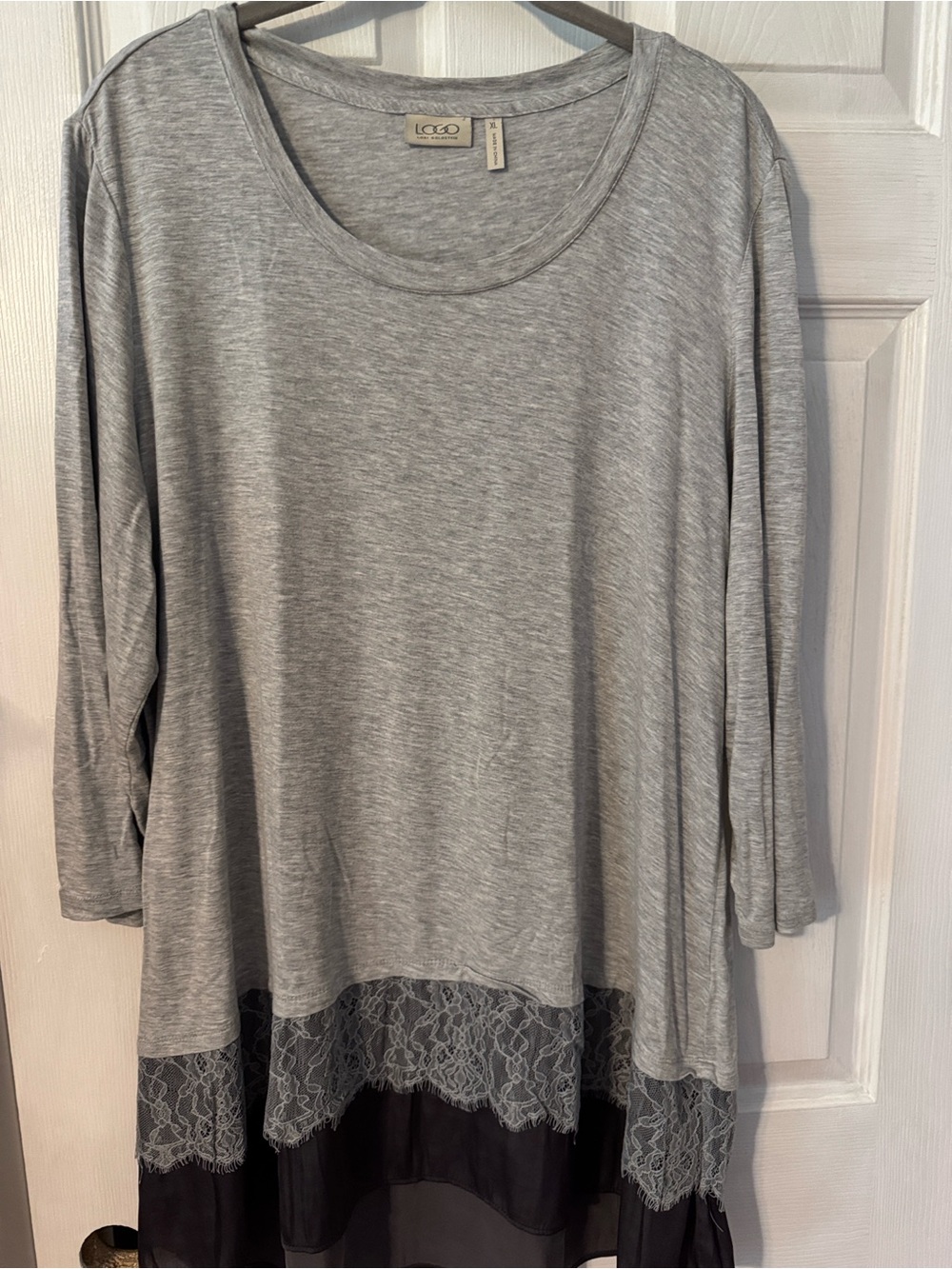 LOGO by Lori Goldstein Light Gray Lace-Trim Layered Tunic